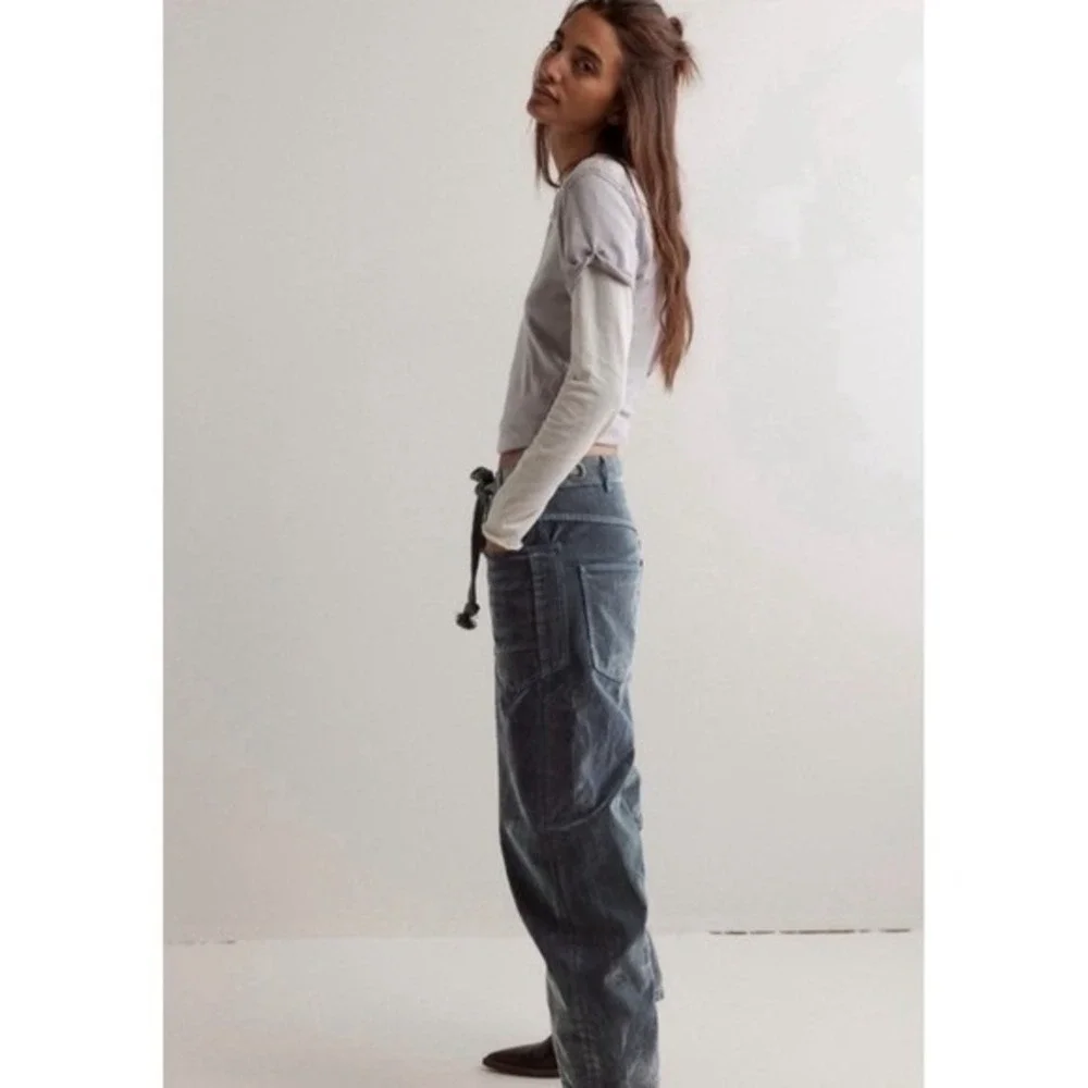 Free People Flocked Moxie Barrel Jeans Mt Green Blue Low Slung Velvet 31 NWOT